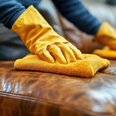 Osoba w żółtych rękawicach wykonuje czyszczenie kanap skórzanych za pomocą pomarańczowej ściereczki.